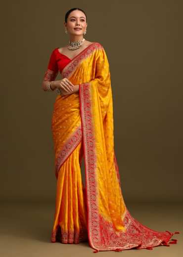 Yellow Zardosi Embroidered Saree With Contrast Pallu Border And Unstitched Blouse