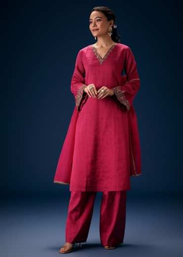 Pink V Neck Embroidered Kurta Set With Dupatta