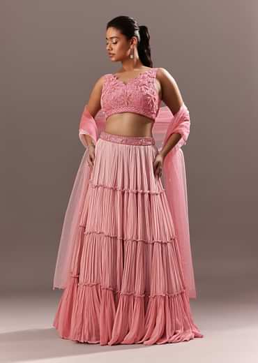 Pink Onbre Georgette Tiered Lehenga And Dupatta With V Neck Embroidered Raw Silk Blouse