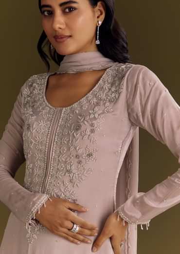 Lavender Chinon Zardosi Kurta Sharara With Cutdana Dupatta