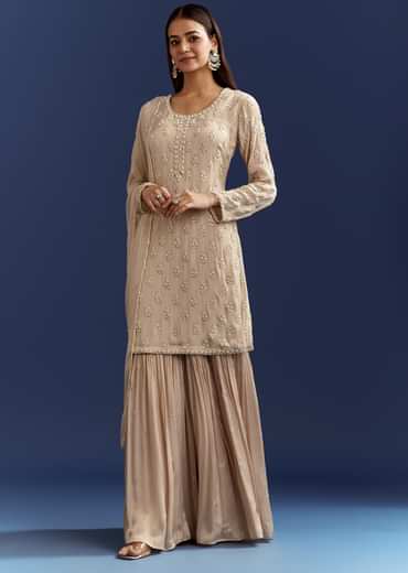 Light Beige Moti And Cutdana Kurta Dupatta With Moti Butti Sharara