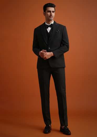 Black Rayon Tuxedo And Pant Set With Embellished Stones