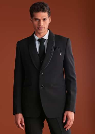 Black Cutdana Embroidereid Tuxedo Set With Accessories