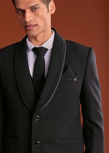 Black Cutdana Embroidereid Tuxedo Set With Accessories