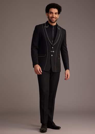 Black Suit With White Piping And Chain Detail