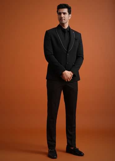 Black Tuxedo And Shirt Set With Pocket Square