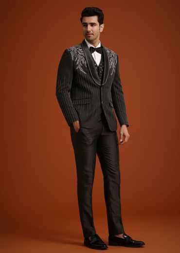 Black Rayon Tuxedo Set With Stone And Cutdana Work