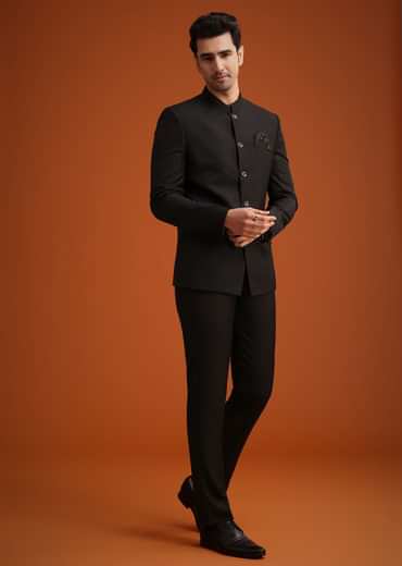 Black Jodhpuri Set With Pocket Square