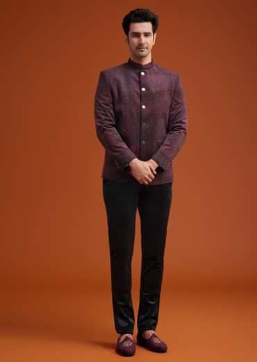 Maroon Printed Jodhpuri Suit With Pocket Square