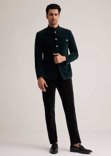 Green Velvet Jodhpuri Suit With Pocket Square