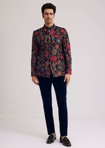 Coffee Brown Velvet Jodhpuri Set With Floral Embroidery