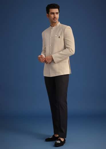 Beige Jodhpuri And Pant Set With Pocket Square