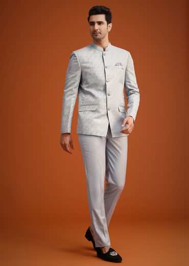 Silver Grey Polyester Jodhpuri Set With Pocket Square