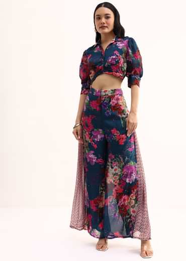Dark Teal Blue Floral Printed Chinon Crop Top And Palazzo