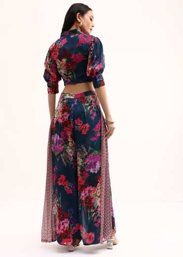 Dark Teal Blue Floral Printed Chinon Crop Top And Palazzo