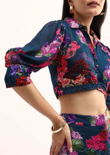 Dark Teal Blue Floral Printed Chinon Crop Top And Palazzo