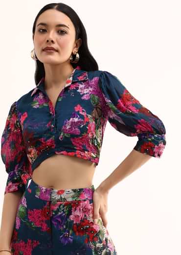 Dark Teal Blue Floral Printed Chinon Crop Top And Palazzo