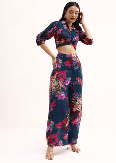 Dark Teal Blue Floral Printed Chinon Crop Top And Palazzo