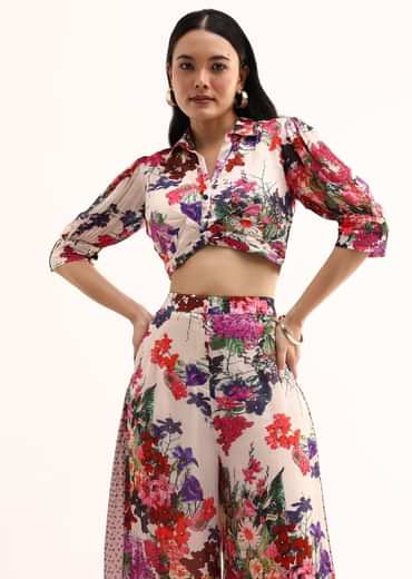 White Floral Printed Chinon Crop Top And Palazzo