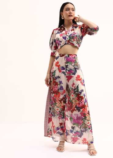 White Floral Printed Chinon Crop Top And Palazzo