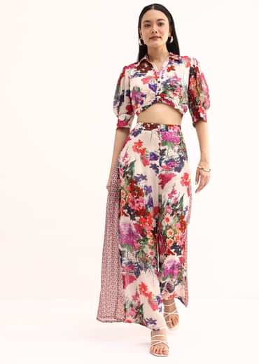 White Floral Printed Chinon Crop Top And Palazzo