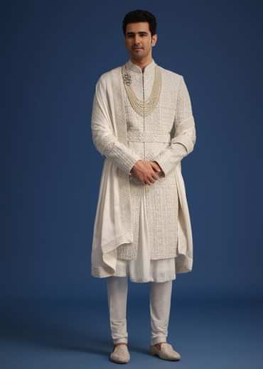 White Silk Embellished Sherwani Set With Kamarbandh