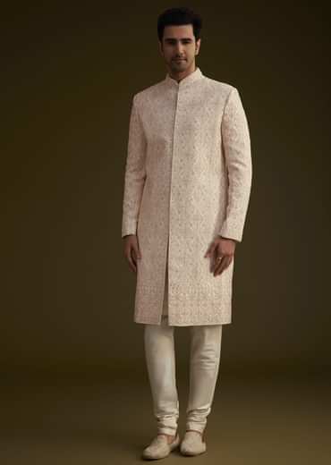 Light Peach Silk Sherwani Set With Dori Pearl And Stone Embroidery