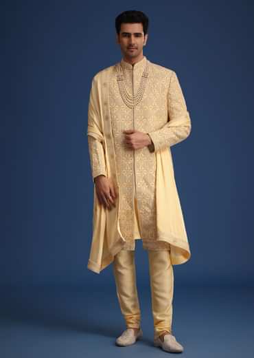 Gold Silk Embroidered Sherwani Set With Dupatta