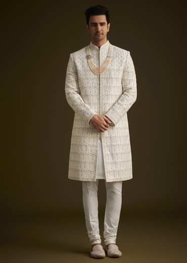 Ivory Embroidered Sherwani With Classic Pearl Detailing