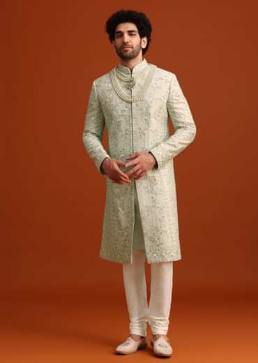 Mint Green Silk Sherwani Set With Sequin Work