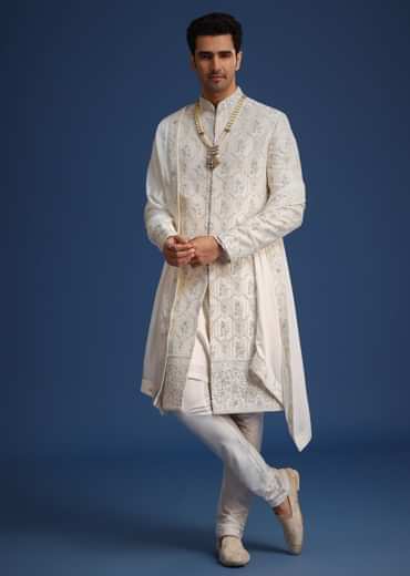 Beige Silk Sherwani Set With Mala And Dupatta