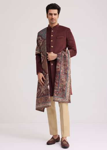 Wine Velvet Nawabi Set With Printed Pashmina Dupatta