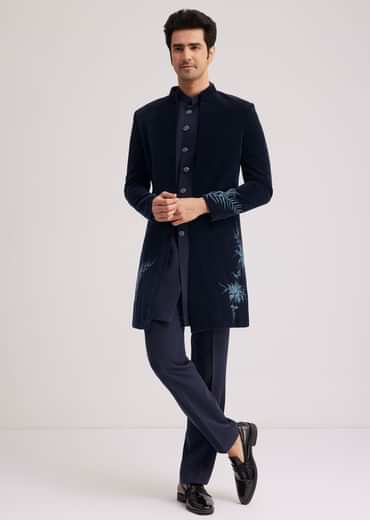 Blue Velvet Indo Jacket Set With Hand Painted Cut Dana Work