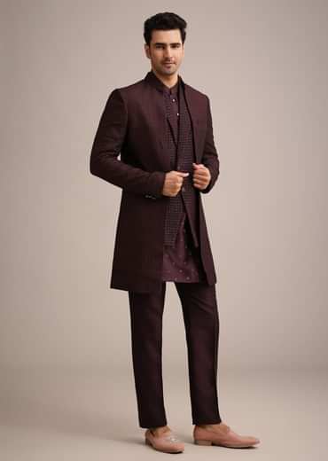 Wine Silk Indo Western And Kurta Set With Salli Work