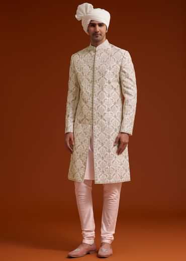 Pink Zari Pearl and Resham Embroidered Sherwani Set