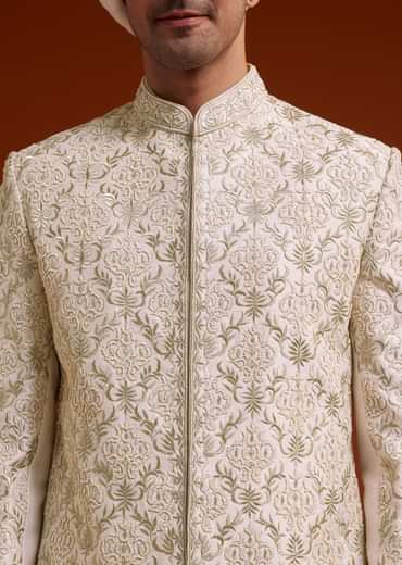 Pink Zari Pearl and Resham Embroidered Sherwani Set