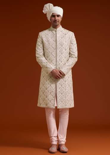 Pink Zari Pearl and Resham Embroidered Sherwani Set