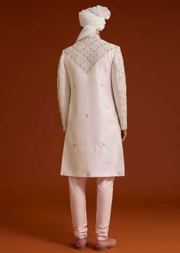 Pink Zari Pearl and Resham Embroidered Sherwani Set