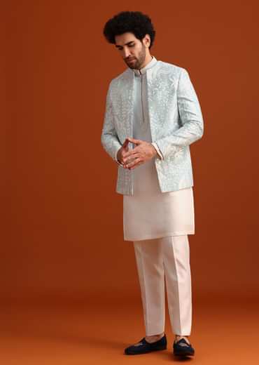 Sky Blue Indo-Western And Kurta Set In Silk With French Knots