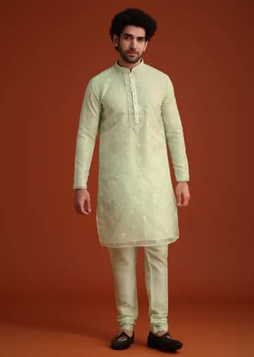 Light Green Organza Aligarhi Kurta With Zari Embroidery