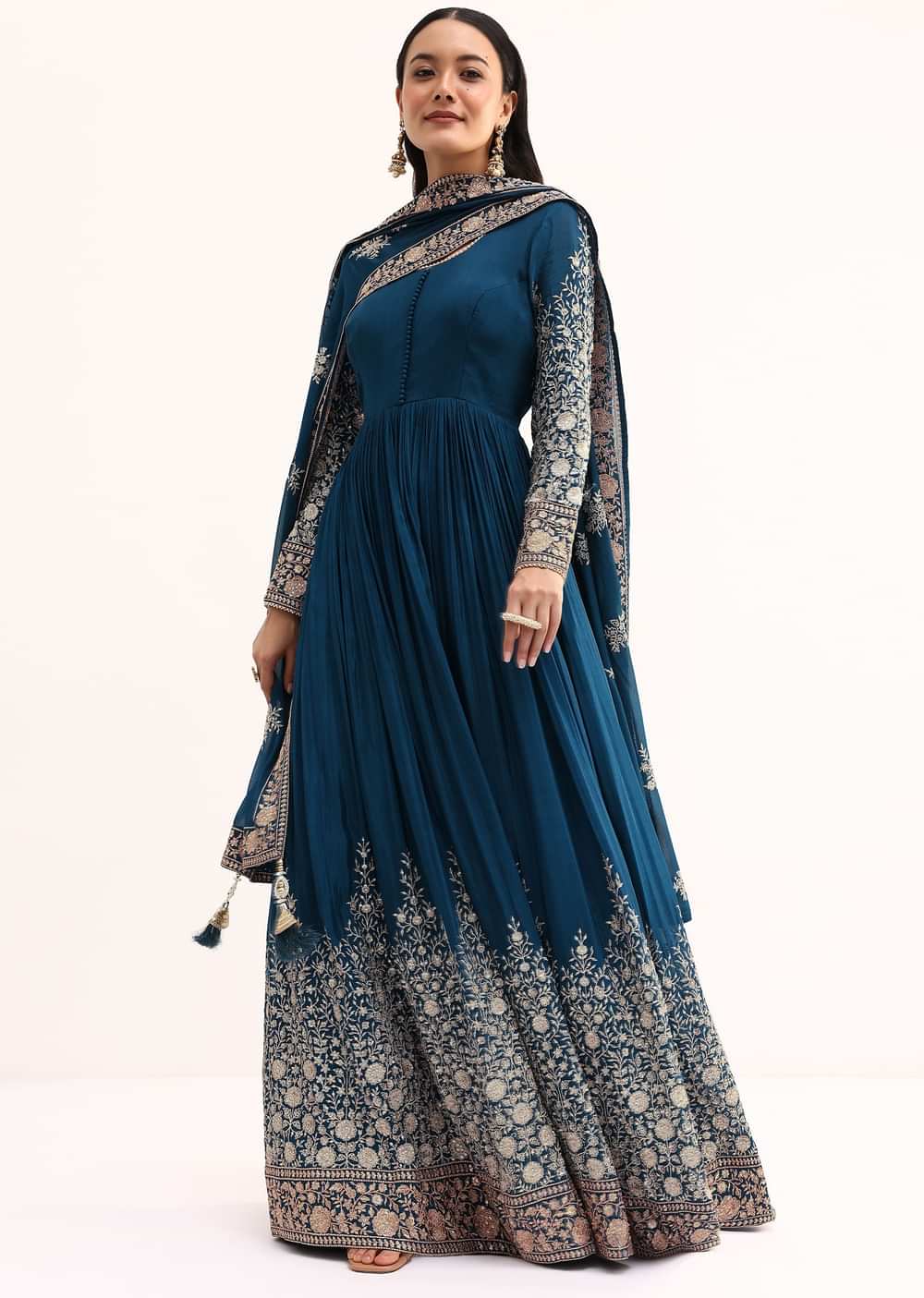 Teal Chinon Anarkali Suit With Zari Work