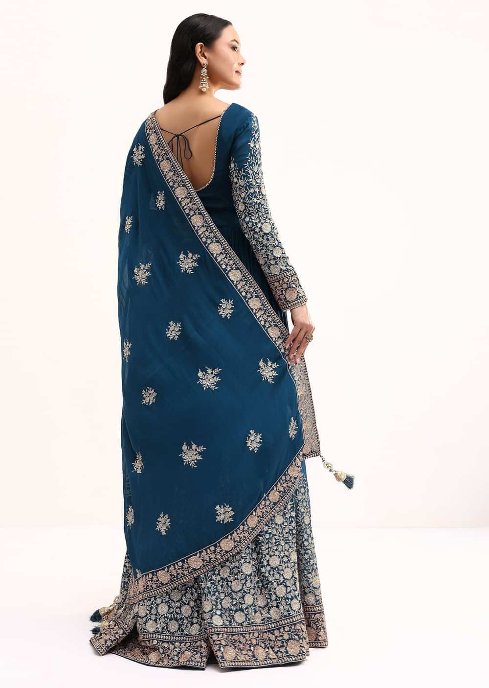 Teal Chinon Anarkali Suit With Zari Work