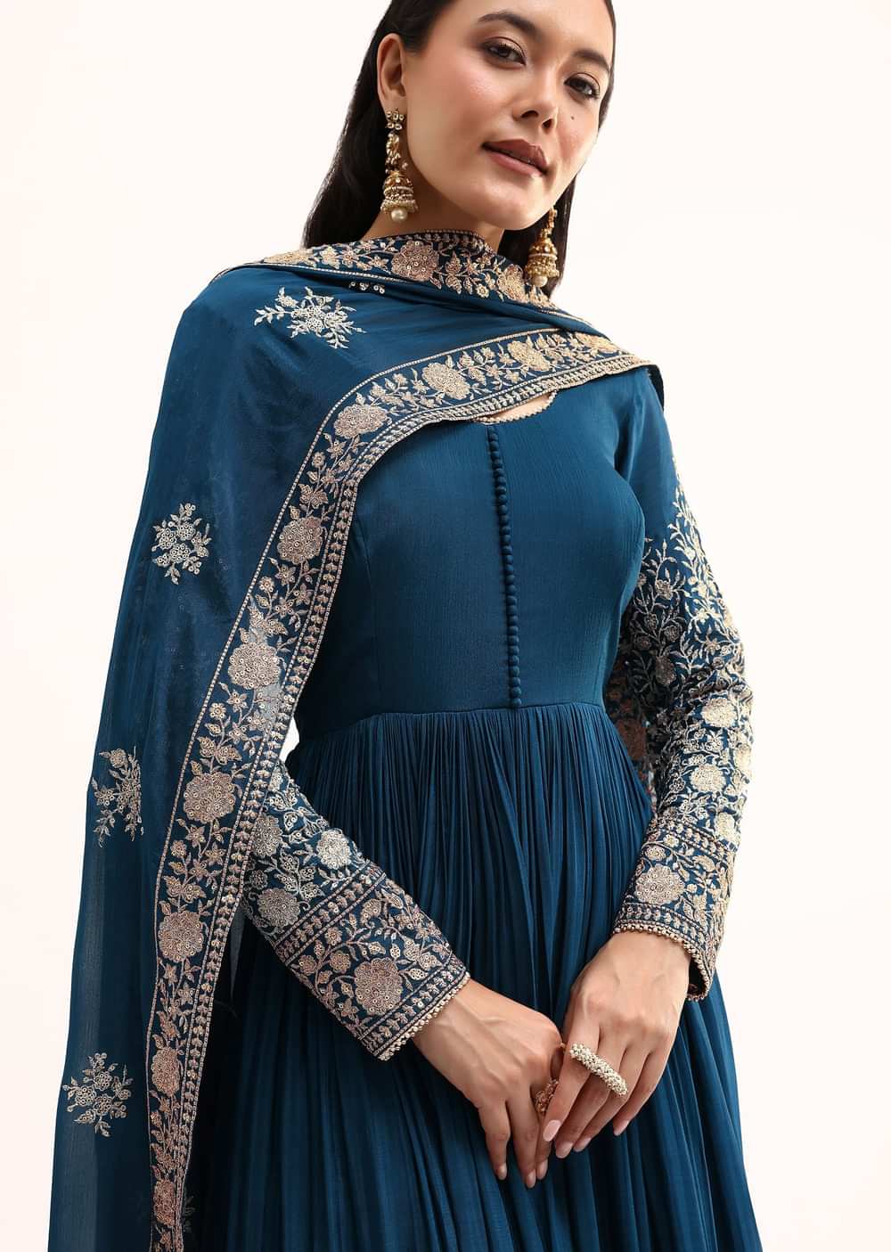 Teal Chinon Anarkali Suit With Zari Work