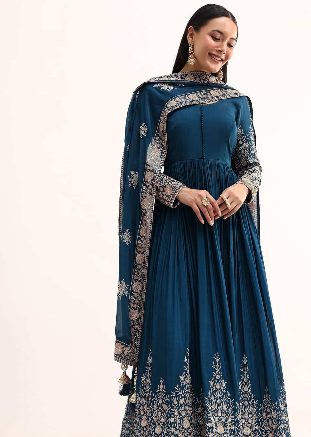 Teal Chinon Anarkali Suit With Zari Work