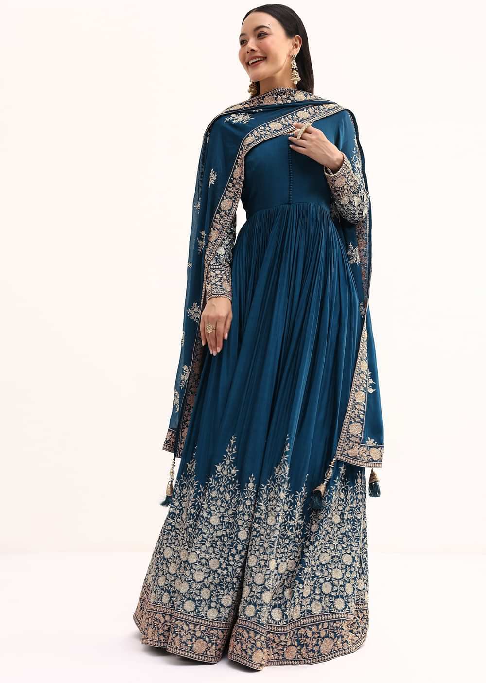 Teal Chinon Anarkali Suit With Zari Work