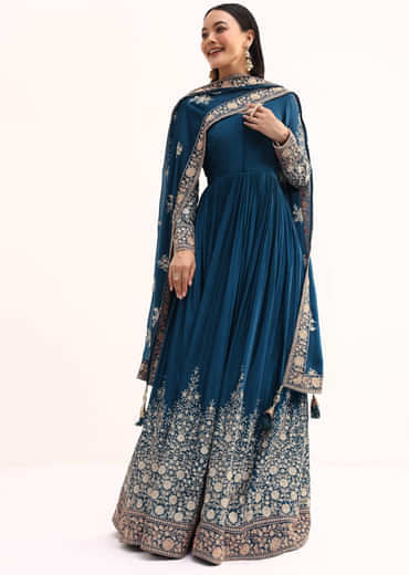 Teal Chinon Anarkali Suit With Zari Work