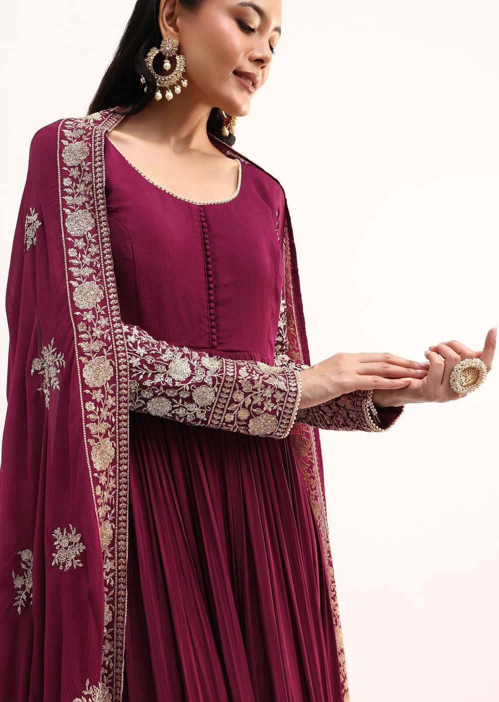 Wine Chinon Anarkali Suit With Zari Work