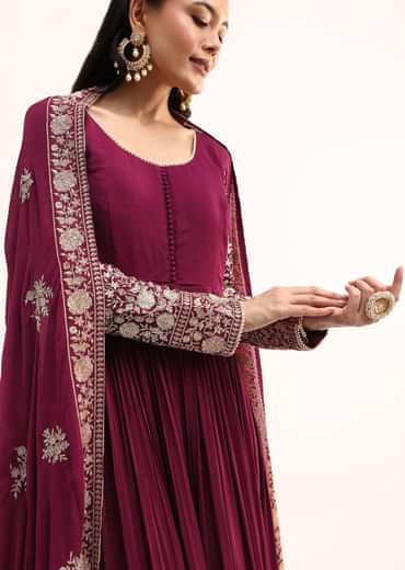 Wine Chinon Anarkali Suit With Zari Work