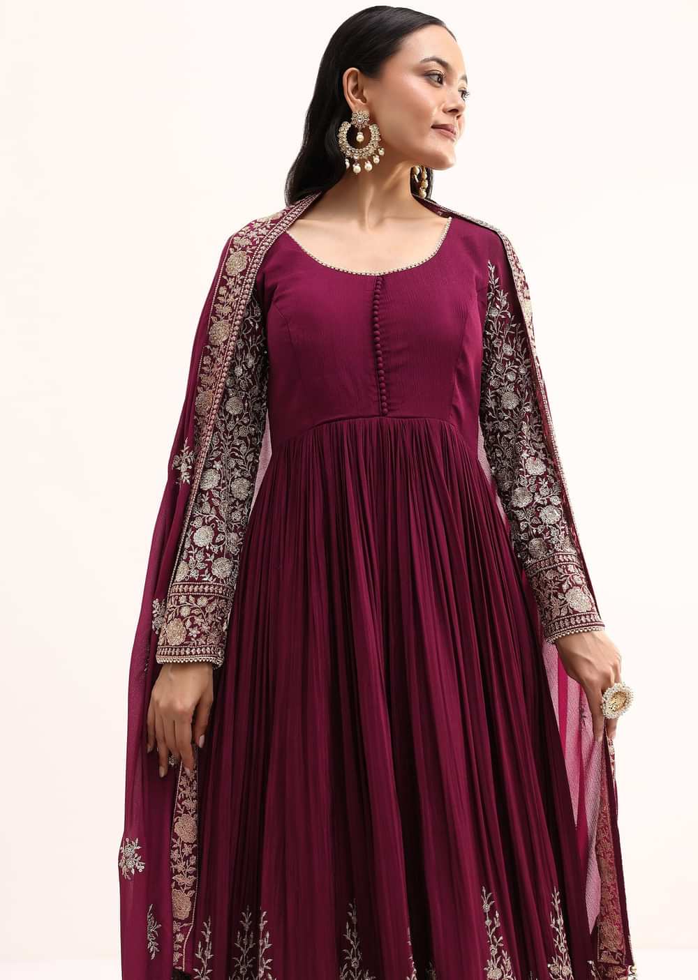 Wine Chinon Anarkali Suit With Zari Work