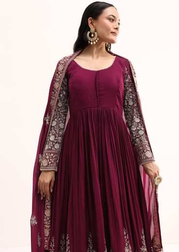 Wine Chinon Anarkali Suit With Zari Work